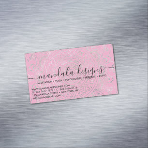 Pink Mandala Floral Script Business Card Magnet
