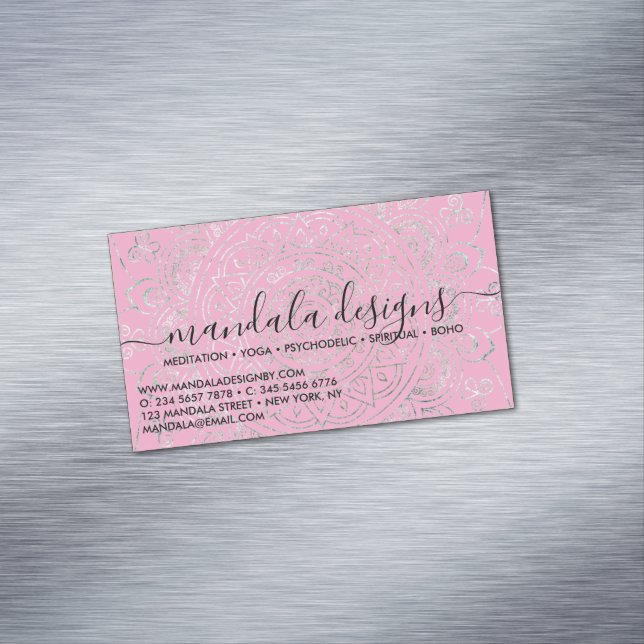 Pink Mandala Floral Script Business Card Magnet (In Situ)
