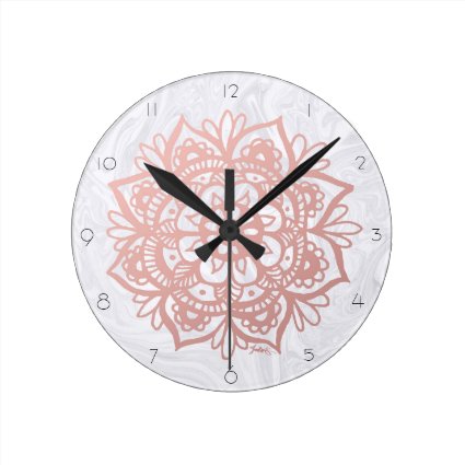 Pink Mandala Flower White Marble Wall Clock