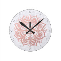 Pink Mandala Flower White Marble Wall Clock