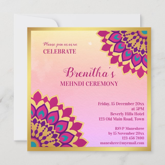 Pink mandala Indian wedding mehndi Invitation (Front)