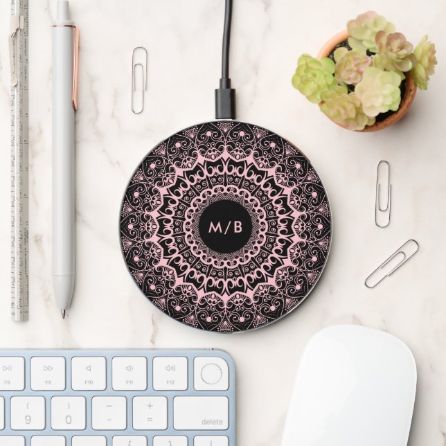 Pink mandala on black, monogram wireless charger  (Desk)