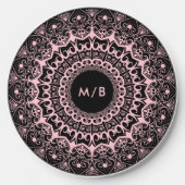 Pink mandala on black, monogram wireless charger  (Front)