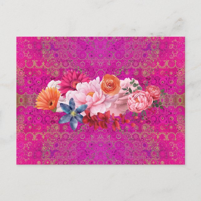 Pink Mandala Pattern Flower Bouquet Postcard (Front)