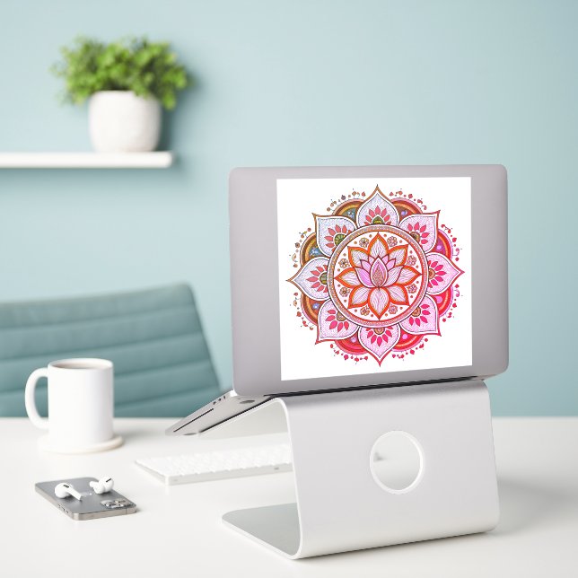 Pink mandala vinyl sticker (Laptop On Desk)