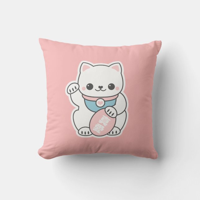 Pink Maneki Neko Throw Pillow (Front)