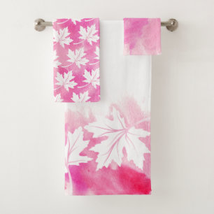 Pink maple leaf watercolor wash and monogram bath towel set