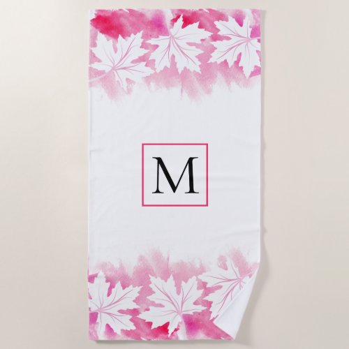 Pink maple leaf watercolor wash and monogram beach towel