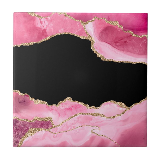Pink Marble Agate Elegant Gemstone Golden Glitter Ceramic Tile (Front)