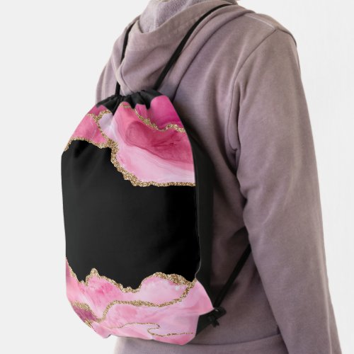 Pink Marble Agate Elegant Gemstone Golden Glitter Drawstring Bag