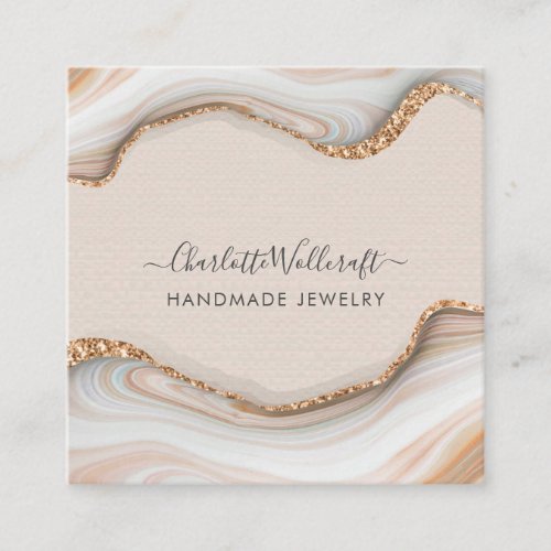Pink Marble Agate Gold Glitter Handmade Jewelry Square Business Card