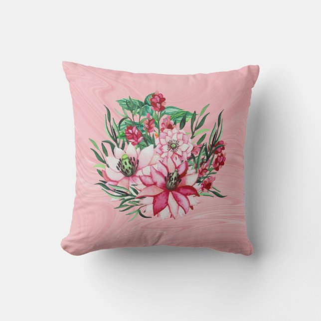 Pink Marble And Exotic Flowers Throw Pillow (Front)