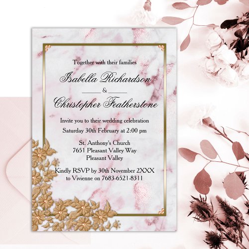 Pink Marble and Gold Pearls Wedding Invitation