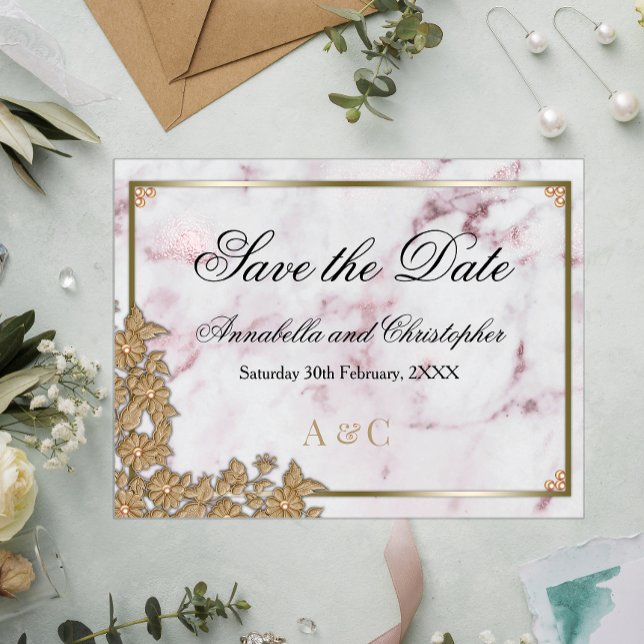 Pink Marble and Pearl Wedding Save the Date Postcard (Creator Uploaded)