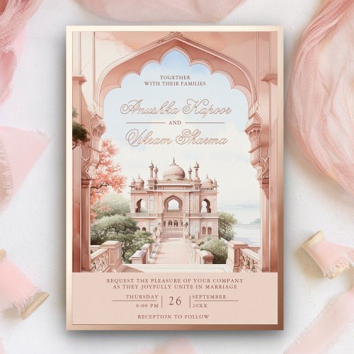 Pink Marble Arch Indian Palace Wedding Rose Gold Foil Invitation