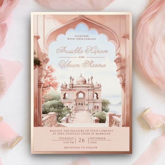 Pink Marble Arch Indian Palace Wedding Rose Gold Foil Invitation (Creator Uploaded)