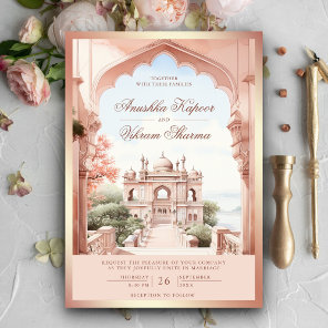 Pink Marble Arch Photo Indian Palace Wedding Invitation