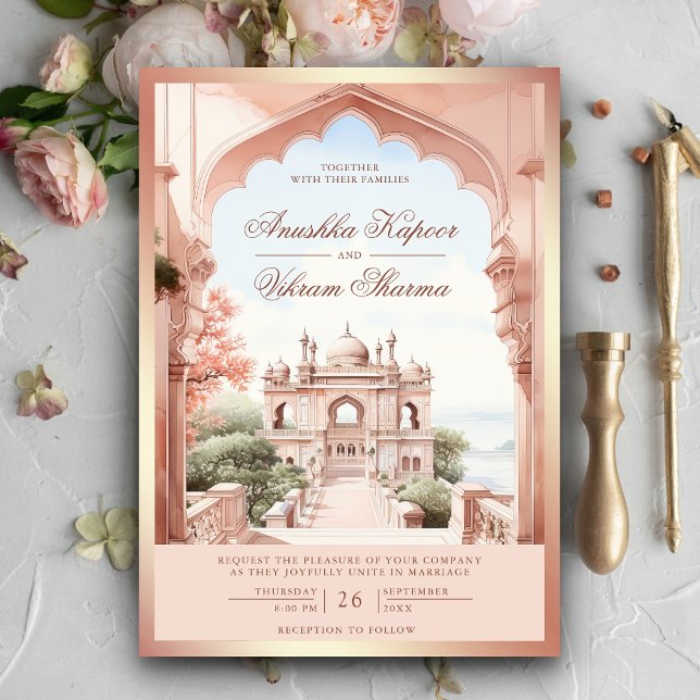 Pink Marble Arch Photo Indian Palace Wedding Invitation (Creator Uploaded)