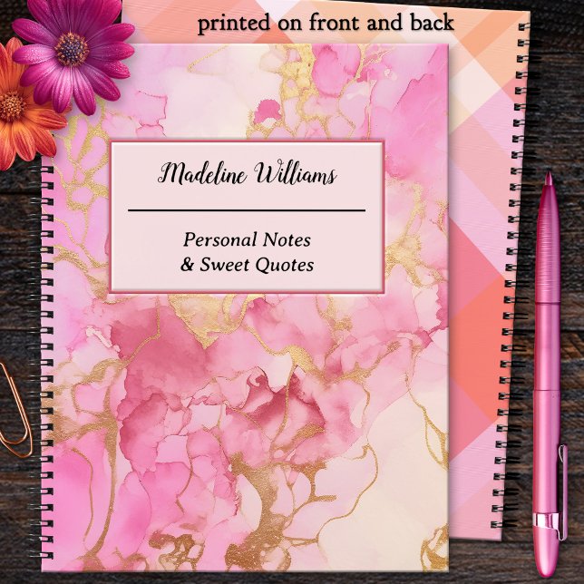 Pink Marble Artistic Quotes Notebook (Notebook featuring a pink and gold marble design on the front and pink orange plaid on the back)