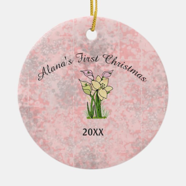 Pink Marble Baby First Christmas Ceramic Ornament (Front)