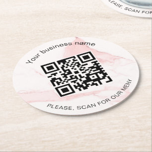 Pink marble business bar restaurant menu qr code round paper coaster