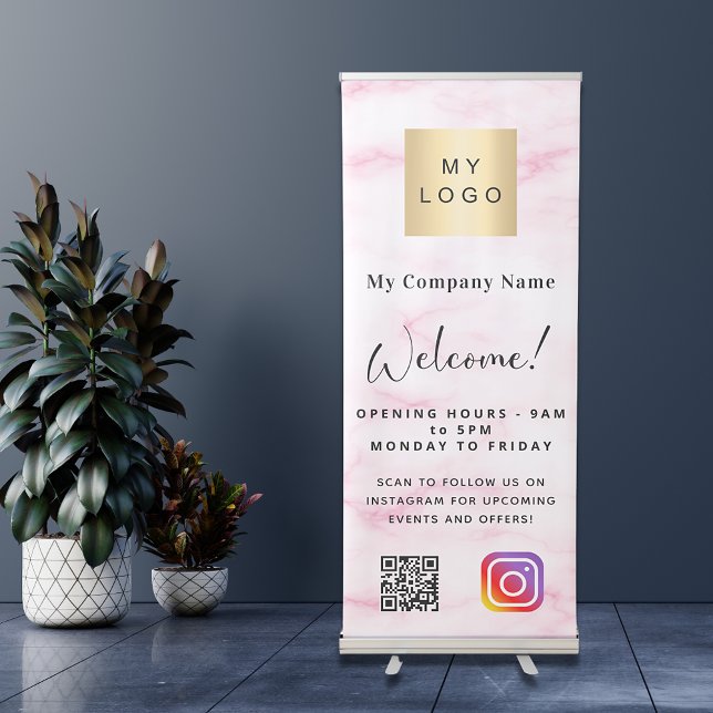 Pink marble business logo opening hours QR Insta Retractable Banner (Creator Uploaded)
