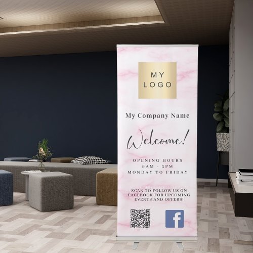 Pink marble business logo opening QR code Facebook Retractable Banner