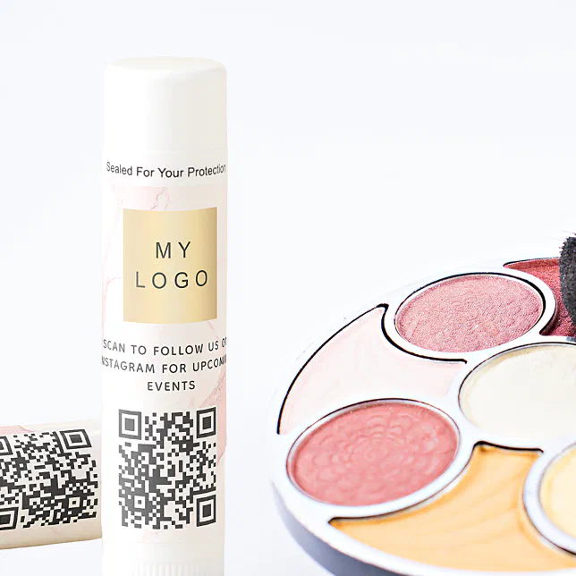 Pink marble business logo QR code instagram Lip Balm Zazzle