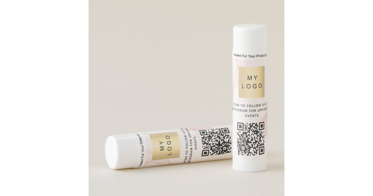 Pink marble business logo QR code instagram Lip Balm Zazzle