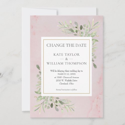 Pink Marble Change the Date Greenery Leaves Save The Date