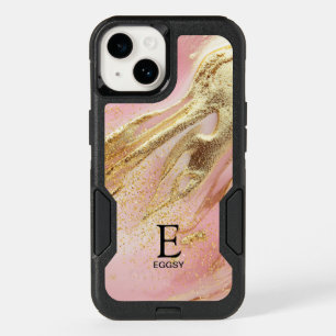 Pink marble chic gold glitter monogram OtterBox iPhone 14 case