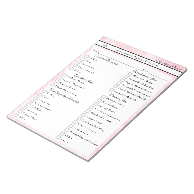 Pink Marble Customized Pageant Packing Checklist Notepad (Angled)
