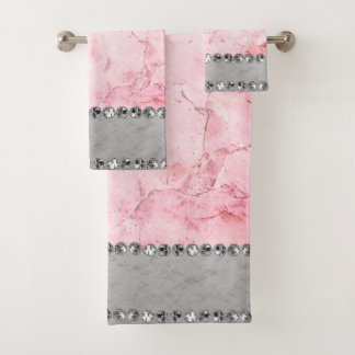 Pink Marble Diamond Bling Bath Towel Set