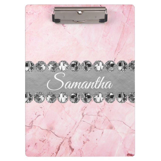Pink Marble Diamond Bling   Clipboard (Front)