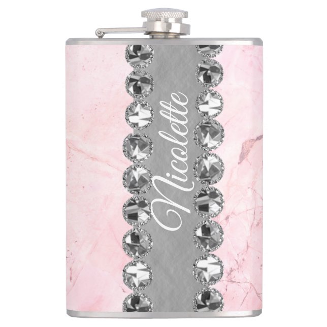 Pink Marble Diamond Bling             Flask (Front)