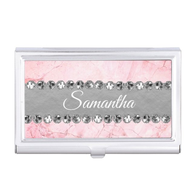 Pink Marble Diamond Bling  Personalized Business Card Case (Front)