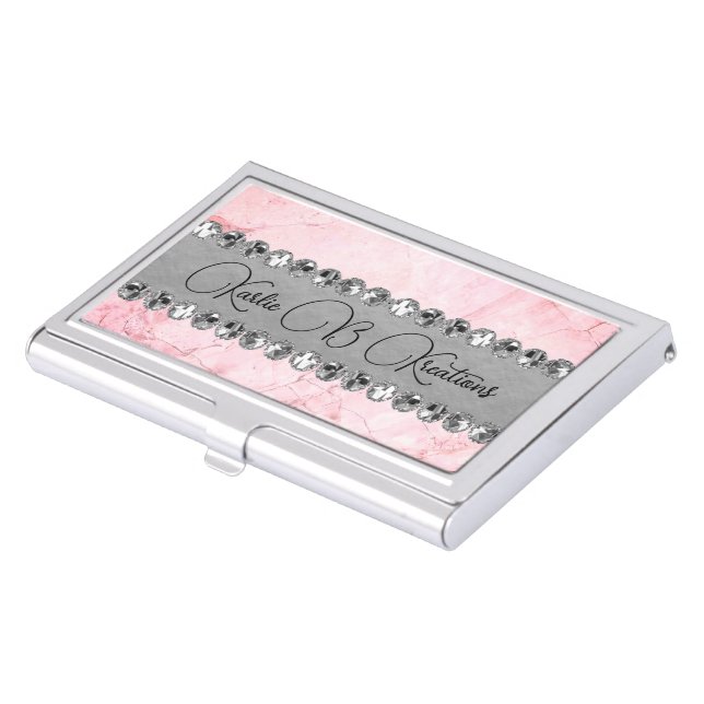 Pink Marble Diamond Bling Personalized Logo Business Card Case (Front)