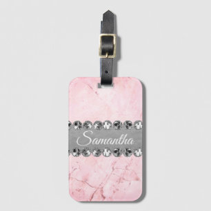 Pink Marble Diamond Bling Personalized Luggage Tag