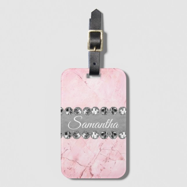 Pink Marble Diamond Bling Personalized Luggage Tag (Front Vertical)
