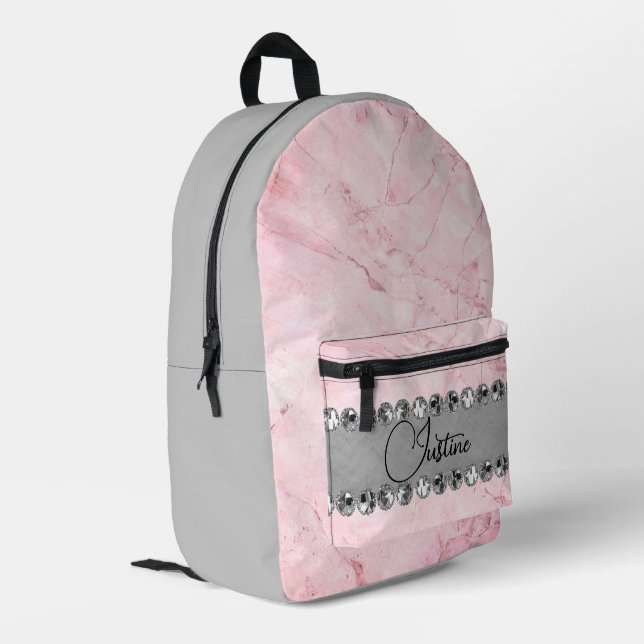 Pink Marble Diamond Bling Personalized            Printed Backpack (Back Corner Left)