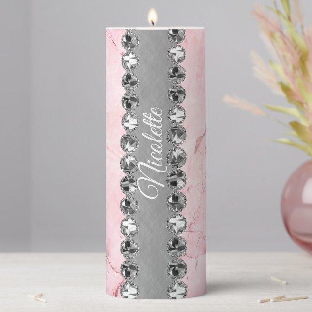 Pink Marble Diamond Bling            Pillar Candle (In Situ)