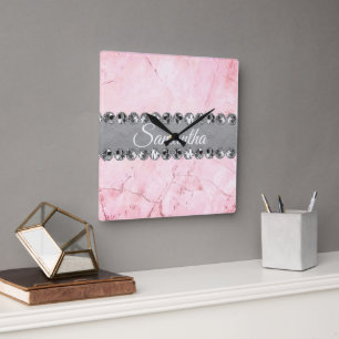 Pink Marble Diamond Bling            Square Wall Clock