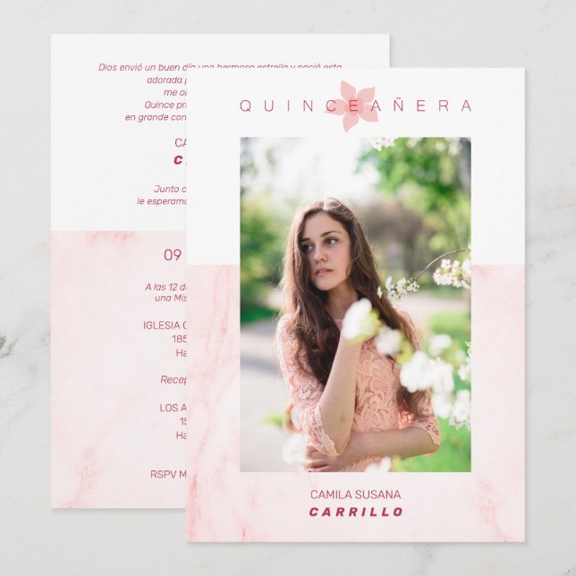 Pink Marble Effect Romantic Photo Quinceañerank Invitation (Front/Back)