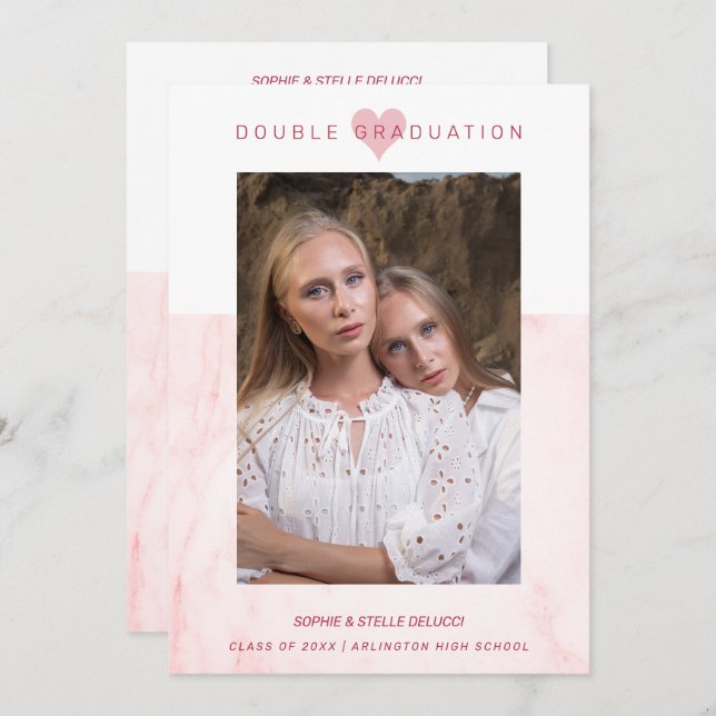 Pink Marble Effect Romantic Photo Twins Graduation Invitation (Front/Back)