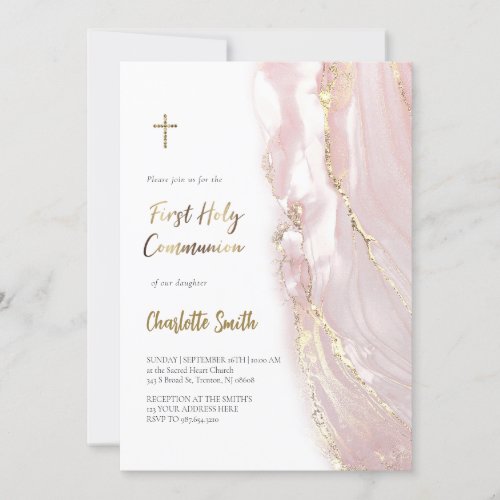 pink marble  First Communion girl  Invitation