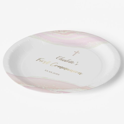 pink marble First Holy Communion  Paper Plate