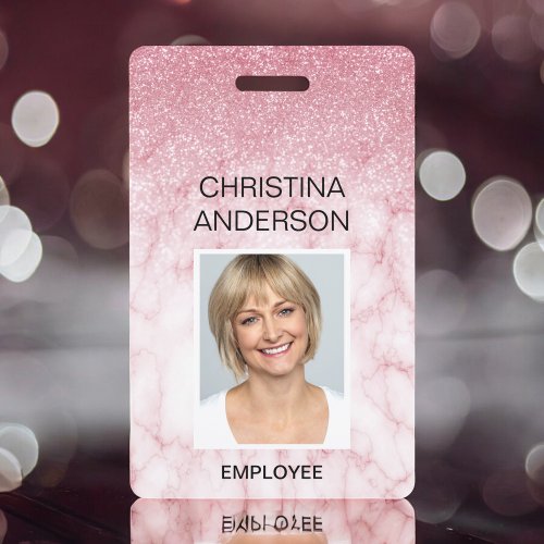 Pink Marble Glitter Employee Name Photo Corporate Badge