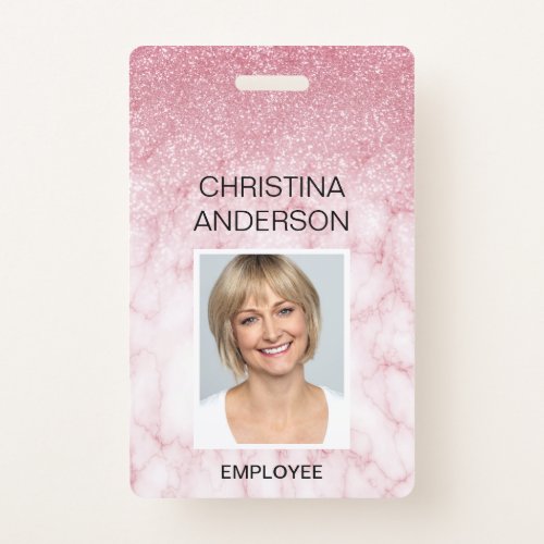Pink Marble Glitter Employee Name Photo Corporate Badge