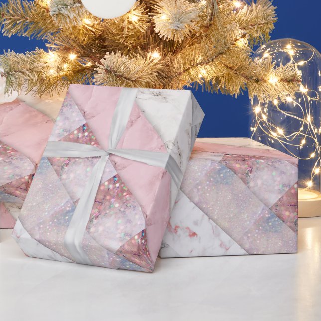 Pink marble glitter glam sparkle collage party wrapping paper (Holidays)