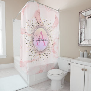 Pink Marble Glitter Monogram Personalized Shower Curtain